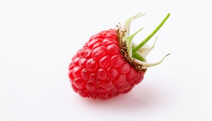 Single Raspberry: A close-up of a single, ripe raspberry, its vibrant red hue and delicate green stem capturing the essence of summer's bounty.  