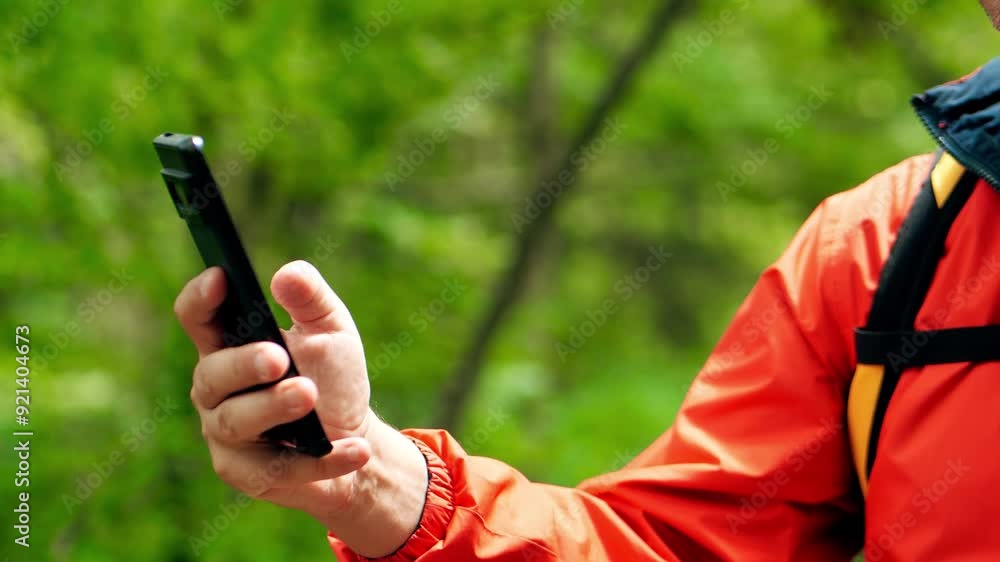 Poster man uses his smartphone with a navigation map app in the woods