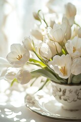 Delicate arrangement of elegant white tulips placed in a beautifully designed teacup, capturing their grace and charm.
