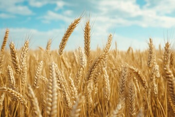 Fototapeta premium A vast golden wheat field swaying in the breeze under a clear blue sky with the sun shining brightly.