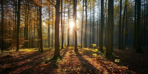 Obraz premium Sunlight filtering through tall trees in an autumn forest, casting long shadows over the fallen leaves on the forest floor.