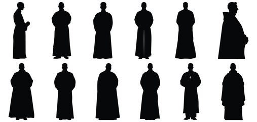 Priest silhouettes set, clergy pack of vector silhouette design, isolated background