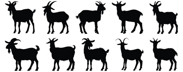 Goat silhouettes set, animal pack of vector silhouette design, isolated background
