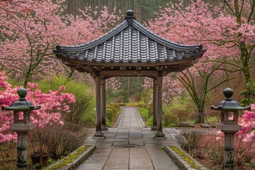 Traditional Japanese Temple in Cherry Blossom Garden