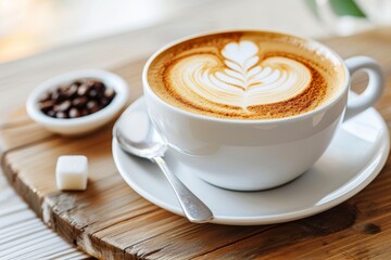 Steaming cup of cappuccino with latte art on a wooden table