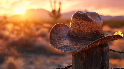 Cowboy hat on a fence with a desert sunset background.