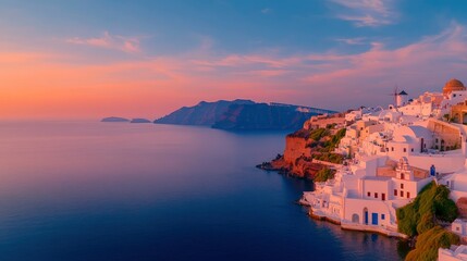 Fototapeta premium Sunset In Santorini, Oias Whitewashed Beauty Glows