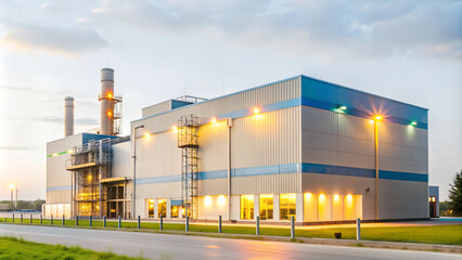 Modern industrial building with evening lights, advanced manufacturing facility exterior