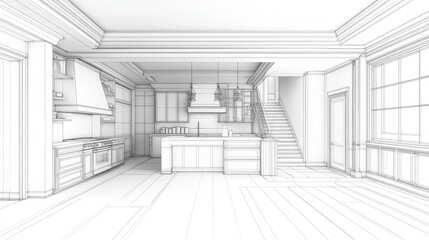 Interior sketch in a wire-frame style, showcasing the structural outlines of furniture and architectural elements. The minimalist, transparent lines offer a conceptual view of the space's design.