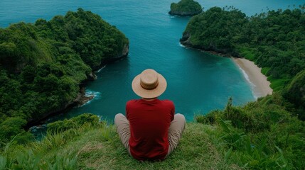 Woman At Kelingking Beach, Gazing At Blue And Green Harmony
