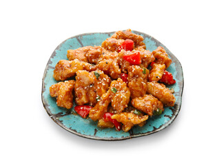 Plate with tasty sweet and sour chicken on white background