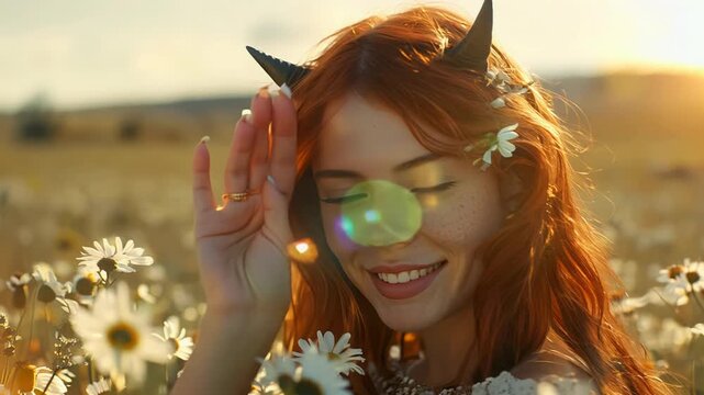 Devil in the form of a beautiful girl with long red hair and small black horns, looks attentively into the frame on a chamomile field and smile, close-up
