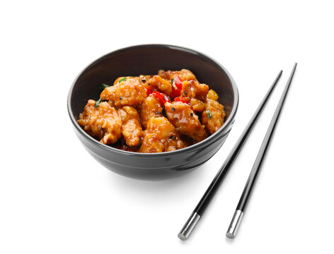 Bowl With Tasty Sweet And Sour Chicken On White Background