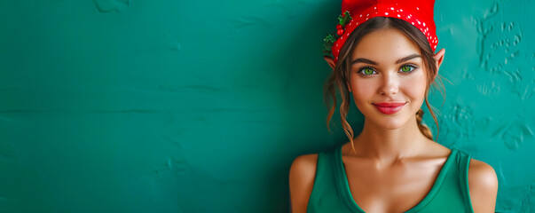 a pretty female elf with green eyes, wearing a hat with mistletoe and a green tank top with a green background with copy room. Christmas concept.