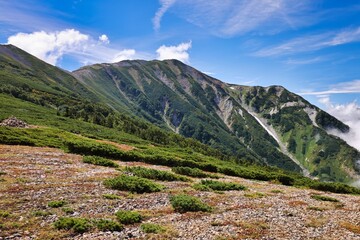 北アルプスの白馬岳へ続く稜線