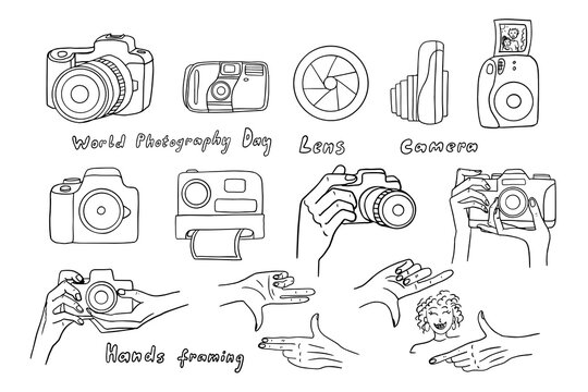 Large set of photography theme. Photographer, taking pictures, camera, lens, hands with a camera. World photography day. Hand drawn. Good for banner, posters, cards, professional design.  - Powered by Adobe