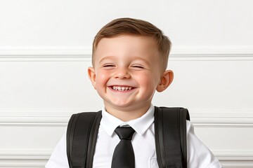 A cheerful boy in formal attire with a backpack, smiling brightly against a classic white backdrop