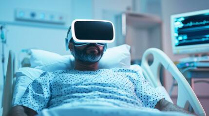 Man Using Virtual Reality in Hospital Bed for Medical Treatment 