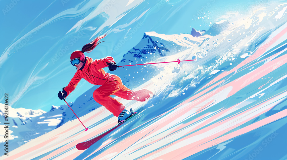 Wall mural Girl on the ski slope: A skier in a bright suit with long pigtails riding on the track with fresh snow 