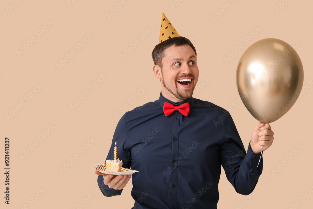 Sticker happy man with birthday cake and balloon on beige background