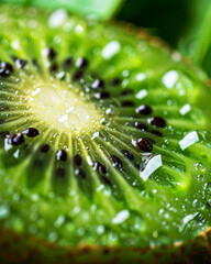 Vibrant kiwi fruit cross section  freshness captured with glossy seeds and moisture droplets.