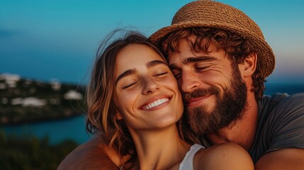Fototapeta premium Couple On Santorini Rooftop, Hugging And Laughing Under The Stars