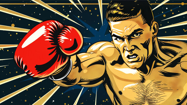 Dynamic retro futuristic boxer art with powerful punch in vintage modern fusion style