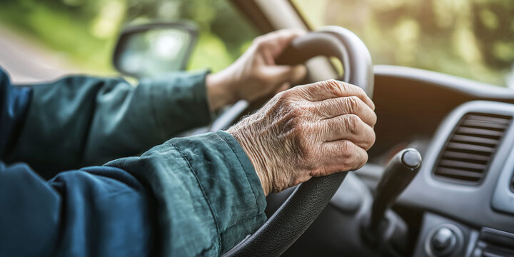 Close-up of an elderly man's hands gripping the steering wheel while driving, showcasing experience and focus