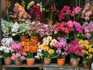 A vibrant flower shop brimming with colorful orchids in a bustling market during the morning hours
