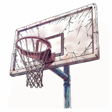A drawing illustration of a worn out basketball hoop on a white background