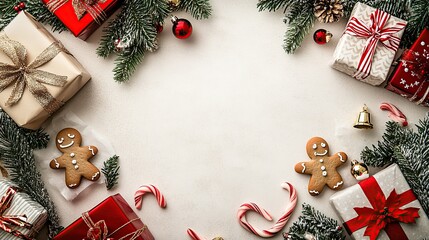 A festive Christmas background featuring gingerbread men, wrapped gifts, candy canes, pine branches, ornaments and a gold bell, with a white background.