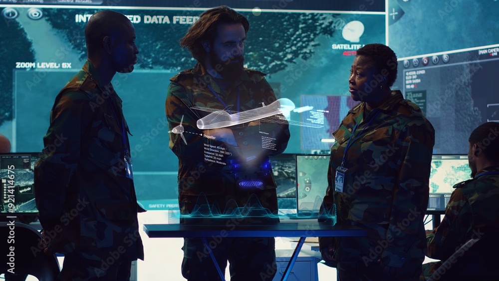 Poster air defense operators evaluating incoming enemy aerial attacks using augmented reality holograms. co