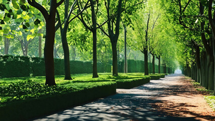 Obraz premium Tree-lined boulevard covered in vibrant, green leaves, 16:9 widescreen, 300 dpi, with space for text