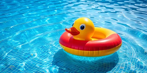 Yellow duck floating in American flag inflatable swim ring in outdoor swimming pool, yellow, duck, American flag