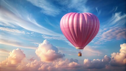Obraz premium Heart-shaped pink hot air balloon floating in the sky, love, romance, Valentine's Day, travel, adventure, air transportation