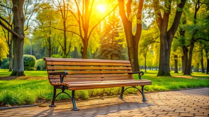 A wooden bench in a peaceful city park setting, wooden, bench, park, city, urban, outdoor, relaxation, nature