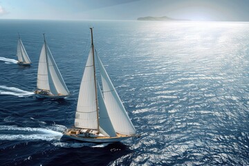 Three yachts with white sails sailing in a sunny sea during the day