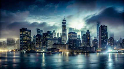 Fototapeta premium Dark and moody image of New York City at night with fog , urban, cityscape, skyline, atmospheric, eerie, misty, hazy