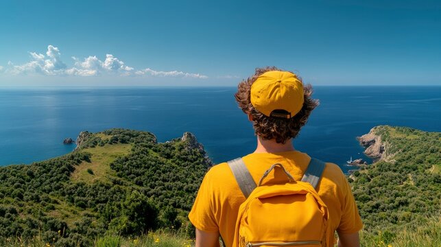 Backpacker Enjoys Seaside Cliff View, Nature'S Vastness - Powered by Adobe
