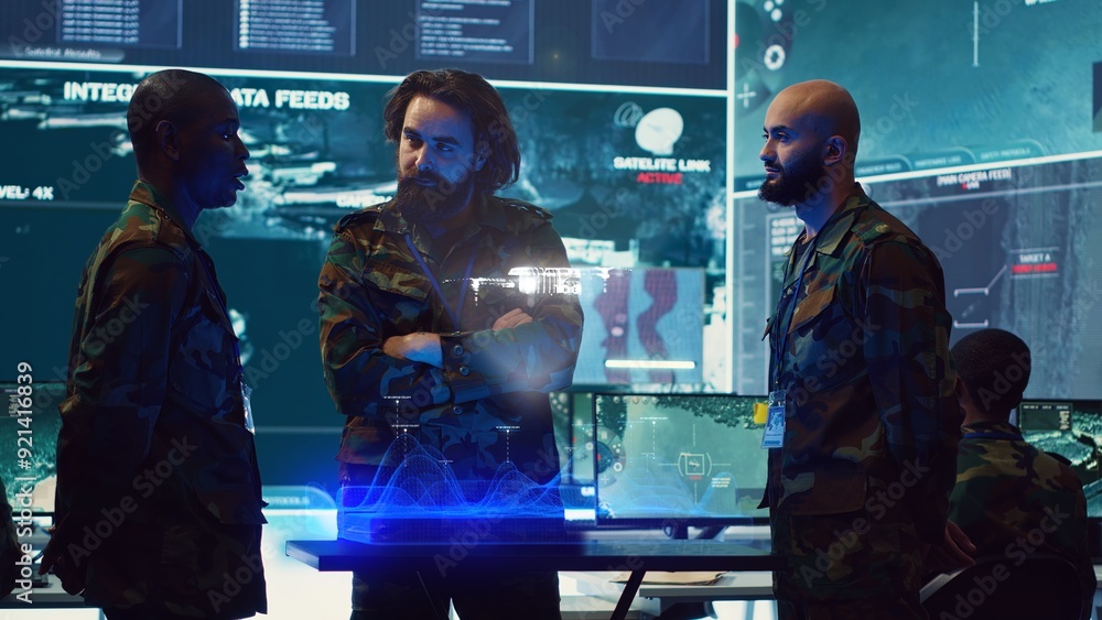 Poster operators in control room use augmented reality military technology to identify enemy threats. count