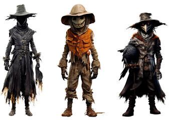 Fototapeta premium Three scarecrows full body shot. Halloween creatures concept