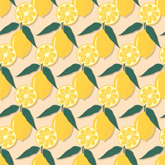 Seamless vector print pattern wallpaper illustration with lemons fruit fresh vegetarian plant 