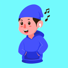 men cartoon listening to music blue jacket