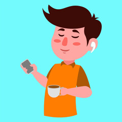 men cartoon listening to music orange t-shirt with coffee
