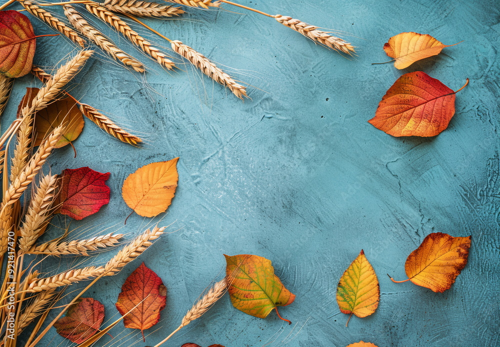 Fototapete autumn background with colored leaves and wheat on green textured concrete table, top view. space fo
