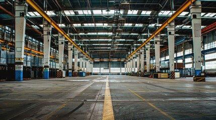Fototapeta premium A large, well-lit warehouse with high ceilings and empty floor space ready for operations