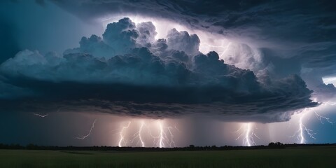A fierce thunderstorm with intense lightning and thick, swirling clouds, creating a chaotic and powerful display of nature's fury.