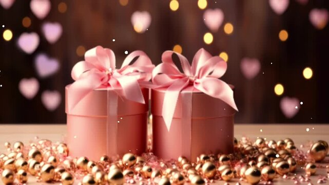 Two Pink gift boxes with glitter pink gold confetti hearts background for wedding or Valentines day