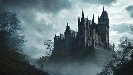 Fototapeta premium Gothic-style castle with an airy view, mysterious nature, 16:9 widescreen, 300 dpi, with space for text