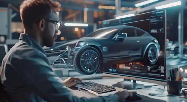 A Designer Works on a 3D Model of a Car on a Computer Screen in a Design Studio